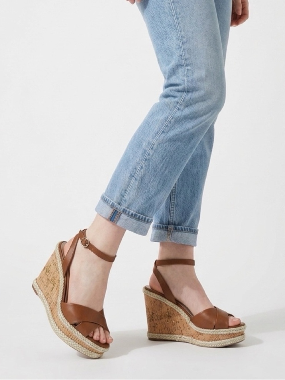 5” ALDO Wedge Brown Cross-Front Ankle Strap Heels